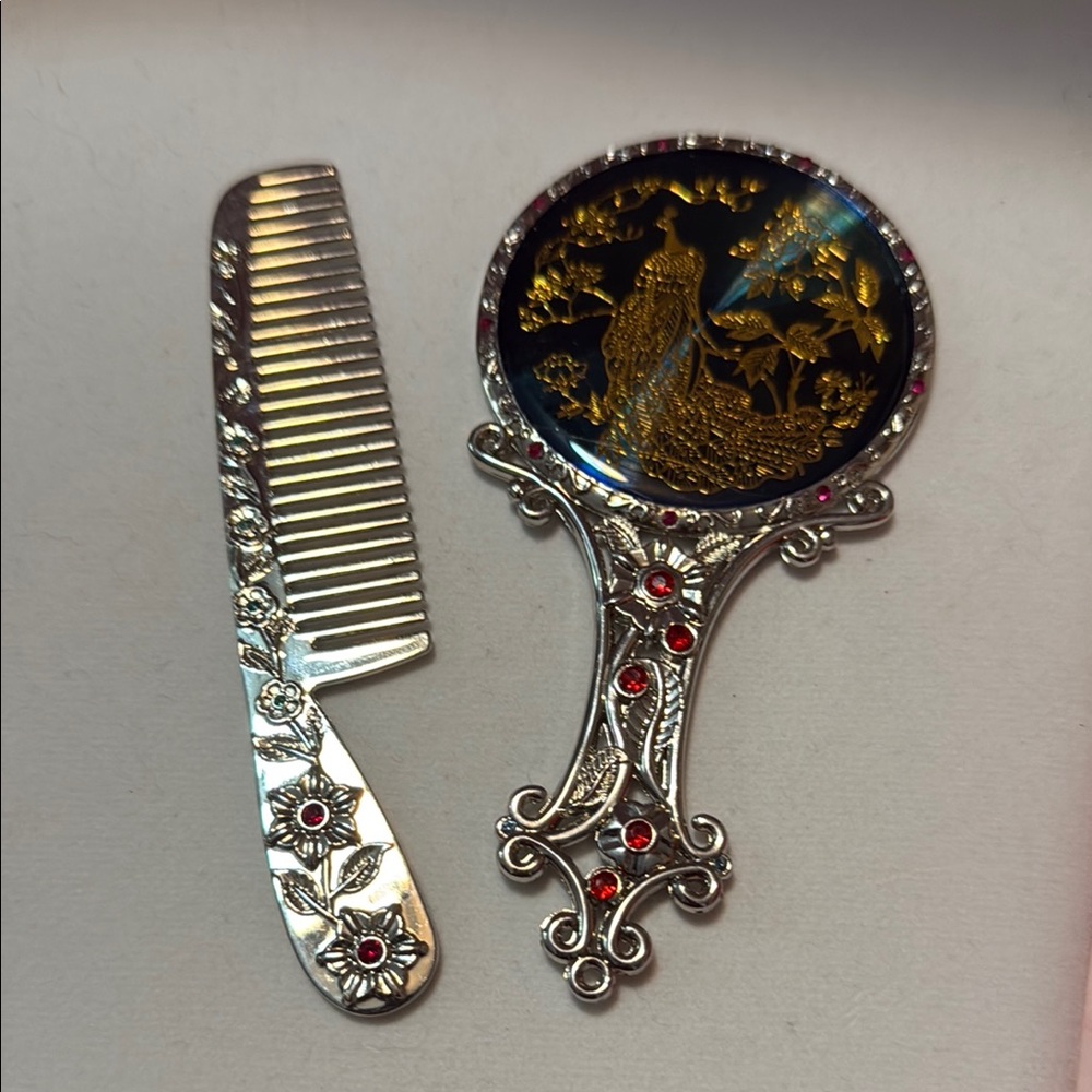 VTG Elegant Metallic Peacock Hand Mirror and Comb Set Japanese